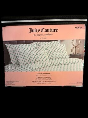 Juicy Couture Queen Sheet Set in White and Green Tree Print